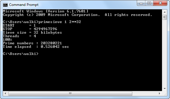 primesieve console application running on Windows 7
