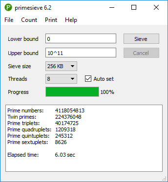 primesieve GUI application running on Windows 10
