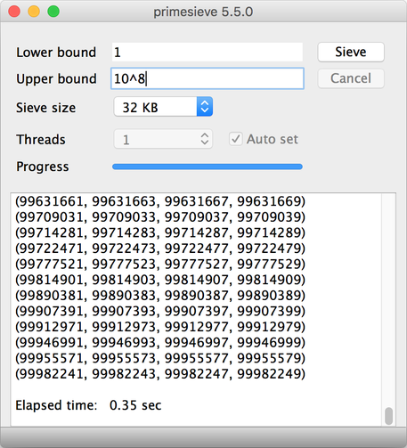 primesieve GUI application running on macOS